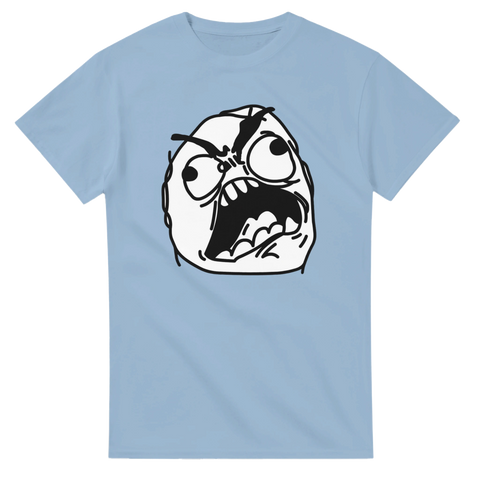 Vredgad Rage Guy karaktär som skriker på en ljusblå t-shirt