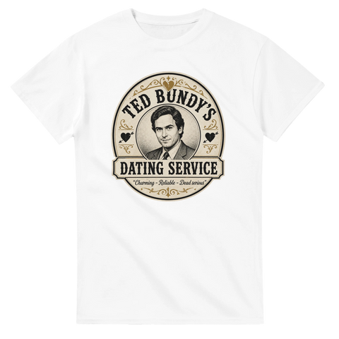 Grafiskt porträtt av Ted Bundy med dekorativ typografi – t-shirt med mörk humor