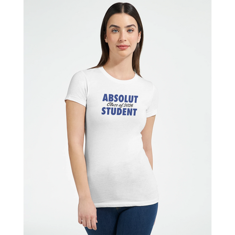 Absolut Student Class of 2026-tryck i mörkblått på vit premium dam t-shirt.