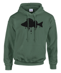 Grön hoodie med svart siluett av en abborre som droppar