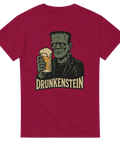 Röd t-shirt med Frankenstein-figur som lyfter en öl, text ”Drunkenstein”.