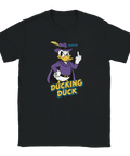 Ducking Duck t-shirt med arg tecknad anka i lila dräkt – svart