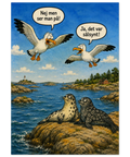 Närbild på retroinspirerad teckning med sälar på klippor och flygande måsar