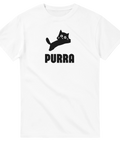 Vit t-shirt med humoristisk parodi av hoppande katt och texten Purra