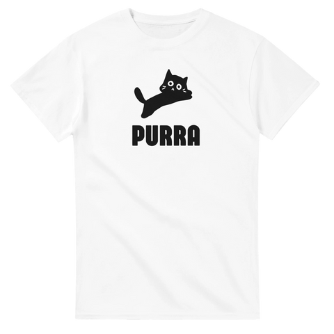 Vit t-shirt med humoristisk parodi av hoppande katt och texten Purra