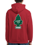 Raggarsvin Doftgran Skogsfrisk-tryck på röd hoodie.