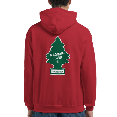 Raggarsvin Doftgran Skogsfrisk-tryck på röd hoodie.