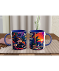 Mugg med texten Jag är tillbaka mentalt om 5 minuter och tropiskt motiv.