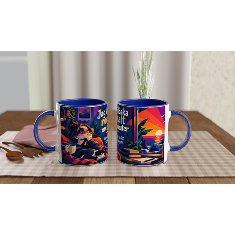 Mugg med texten Jag är tillbaka mentalt om 5 minuter och tropiskt motiv.