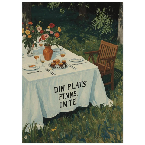 Illustration av ett vitt dukat långbord utomhus med texten Din plats finns inte på duken och en tom trästol bredvid.