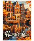 Kanalhus i Amsterdam med höstlöv och bro – vintage reseposter