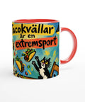 Mugg med texten Tacokvällar är en extremsport, tacos och en katt.