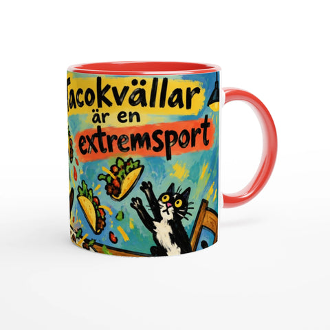Mugg med texten Tacokvällar är en extremsport, tacos och en katt.