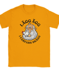 Orangegul t-shirt med farfar, en höna och texten ”Lägg ägg i farfars skägg”.