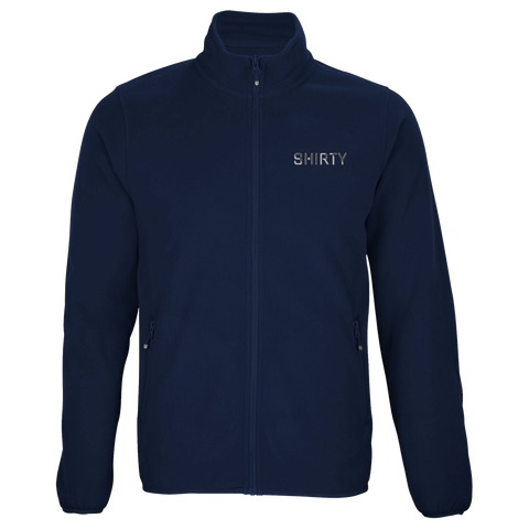 Shirty Original-logotyp i grå metallic på marinblå fleecejacka med dragkedja.