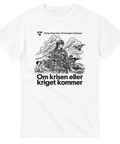 Grafisk illustration av svenskt totalförsvar med soldater och stridsflyg – t-shirt tryck