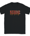Detaljrik illustration av ordet kebab uppbyggt av kött och sås på en svart t-shirt