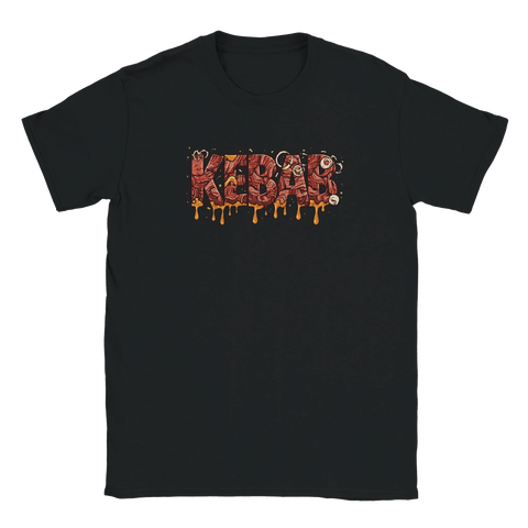 Detaljrik illustration av ordet kebab uppbyggt av kött och sås på en svart t-shirt