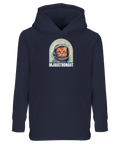 Mörkblå hoodie för barn med en absurd illustration av en rymdkatt
