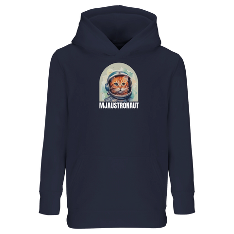 Mörkblå hoodie för barn med en absurd illustration av en rymdkatt