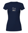 Mörkblå t-shirt med MILF-text och grafiska blinkande ögon