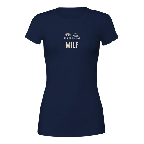 Mörkblå t-shirt med MILF-text och grafiska blinkande ögon