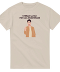 Sandfärgad t-shirt med rolig text och tecknad karaktär i modern design