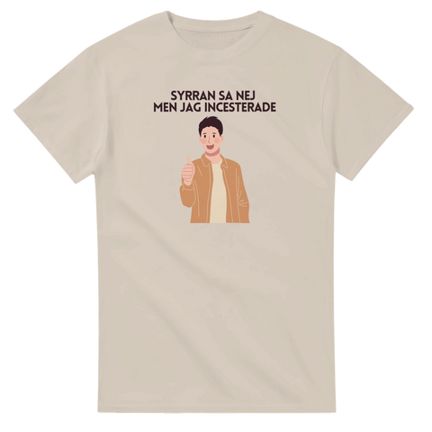 Sandfärgad t-shirt med rolig text och tecknad karaktär i modern design