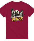Serietidningsinspirerat motiv med rånare och sedlar på en vinröd t-shirt