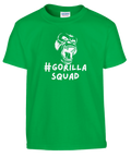 Vitt gorilla-huvud med text #GORILLASQUAD på grön barn t-shirt.