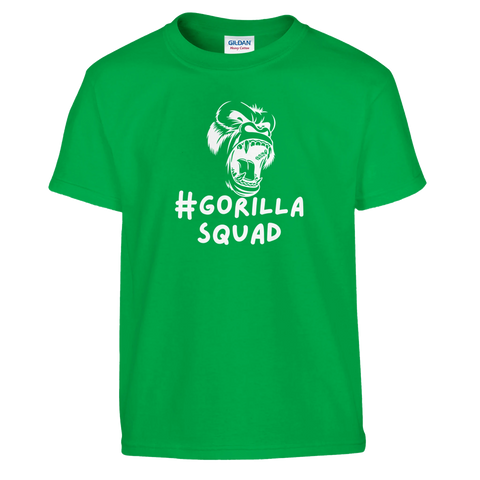 Vitt gorilla-huvud med text #GORILLASQUAD på grön barn t-shirt.