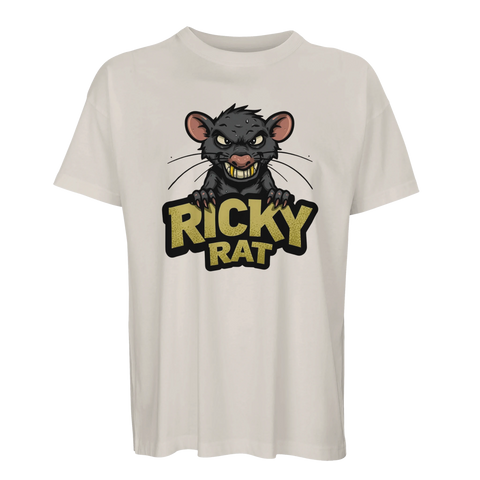 Ljusgrå t-shirt med ett detaljrikt tryck av en råtta i seriestil