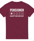 Samhällskritisk illustration med texten knappt råd med mat på vinröd t-shirt