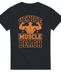 Old school bodybuilder-tryck i orange på svart t-shirt – Venice Muscle Beach