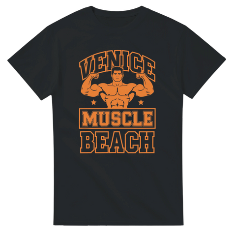 Old school bodybuilder-tryck i orange på svart t-shirt – Venice Muscle Beach