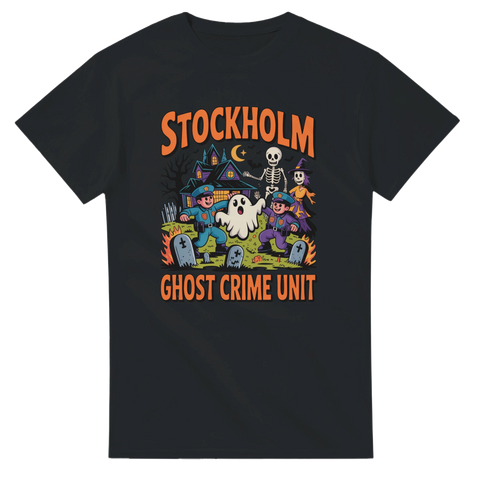 Svart t-shirt med retro illustration av poliser som griper ett spöke