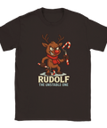 Jul t-shirt med motiv av Rudolf som galen ren med blodröd nos och polkagris nunchucks