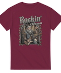 Illustration av jultomte i jeansväst med elgitarr på en vinröd t-shirt