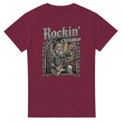 Illustration av jultomte i jeansväst med elgitarr på en vinröd t-shirt