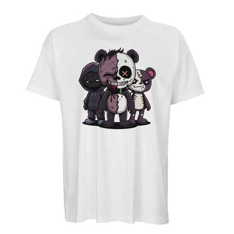 Vit t-shirt med detaljrikt tryck av ett monstergäng i streetwear-stil