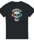 Grafiskt motiv av dödskalle med hörlurar i pastellfärger på t-shirt