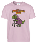 Grannysaurus Rex-tryck med T-Rex som mormor med rullator på ljusrosa barntröja.
