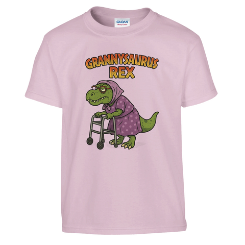 Grannysaurus Rex-tryck med T-Rex som mormor med rullator på ljusrosa barntröja.
