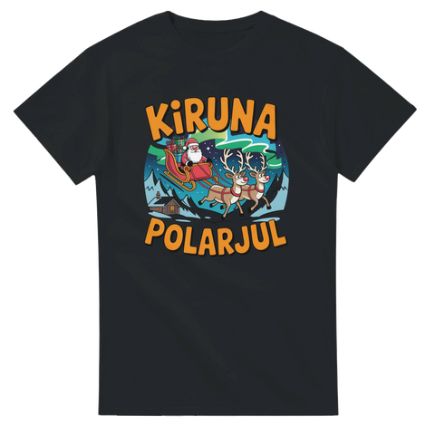Svart t-shirt med tecknat motiv av renar och tomte i Kiruna