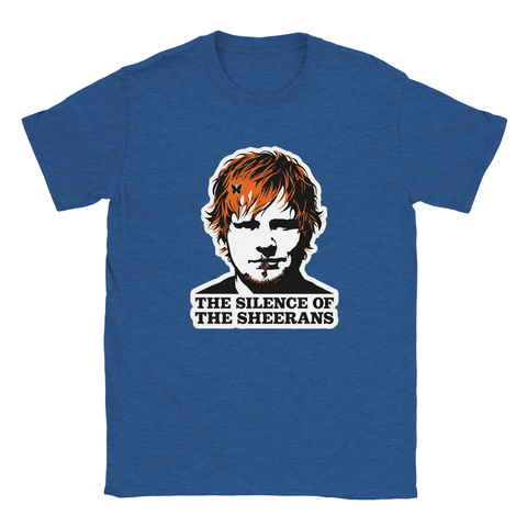 Ed Sheeran-porträtt med fjäril och munstycke, text "THE SILENCE OF THE SHEERANS" på kungsblå t-shirt.