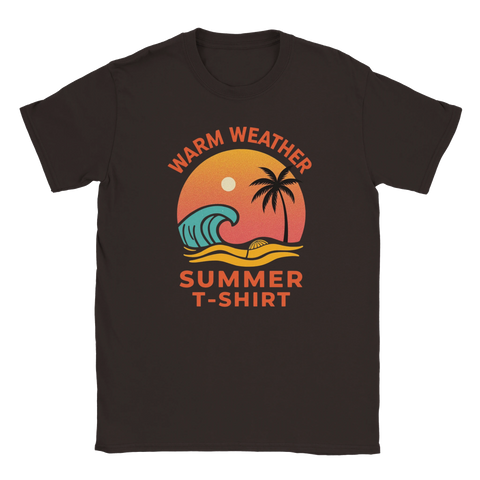 Grafisk illustration av strand och palmer – retro tryck på mörkbrun t-shirt