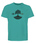 Träd med pulsvågor och rötter på turkos ekologisk t-shirt.