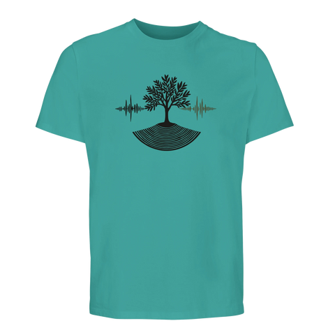 Träd med pulsvågor och rötter på turkos ekologisk t-shirt.