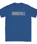 Grå text "UNINSTALL" på mörkblå melerad t-shirt med rund hals.