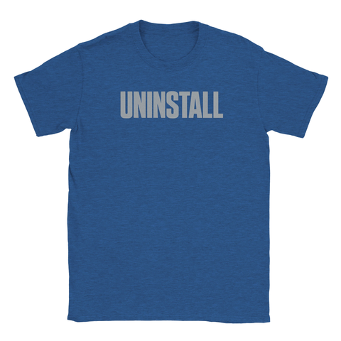 Grå text "UNINSTALL" på mörkblå melerad t-shirt med rund hals.